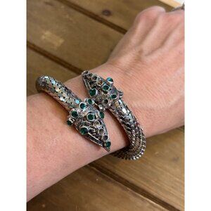 Silver Cobra Head Bracelet With Green Gem Accents & Hinged Design **missing ston
